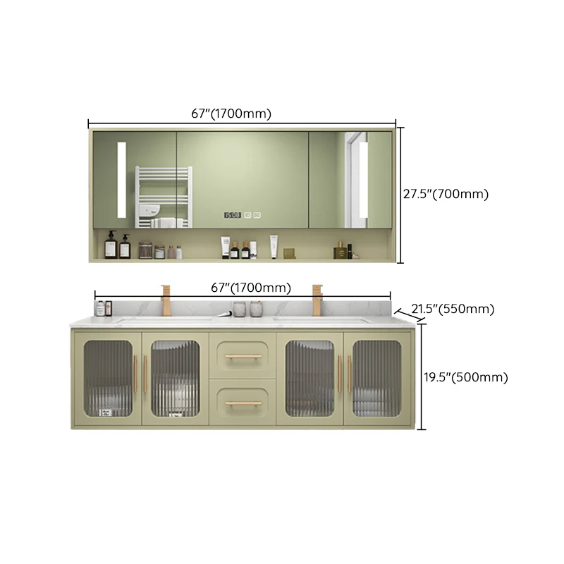 Tocador de baño con lavabo doble, 2 cajones, montaje en pared, juego de tocador rectangular con espejo Clearhalo