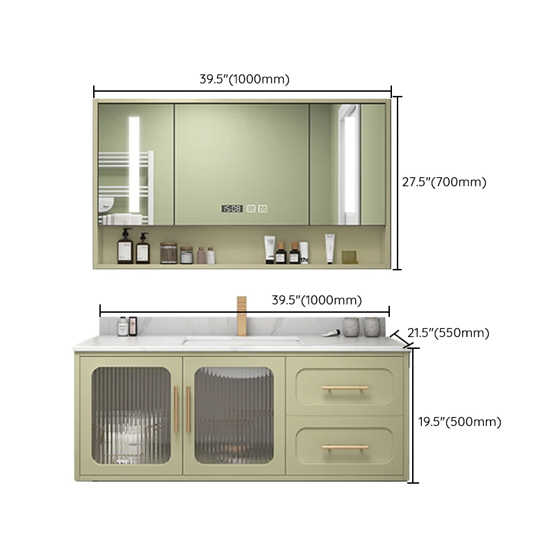Tocador de baño con lavabo doble, 2 cajones, montaje en pared, juego de tocador rectangular con espejo Clearhalo
