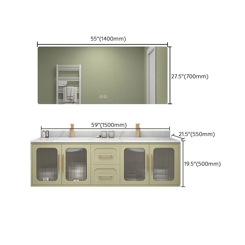 Tocador de baño con lavabo doble, 2 cajones, montaje en pared, juego de tocador rectangular con espejo Clearhalo