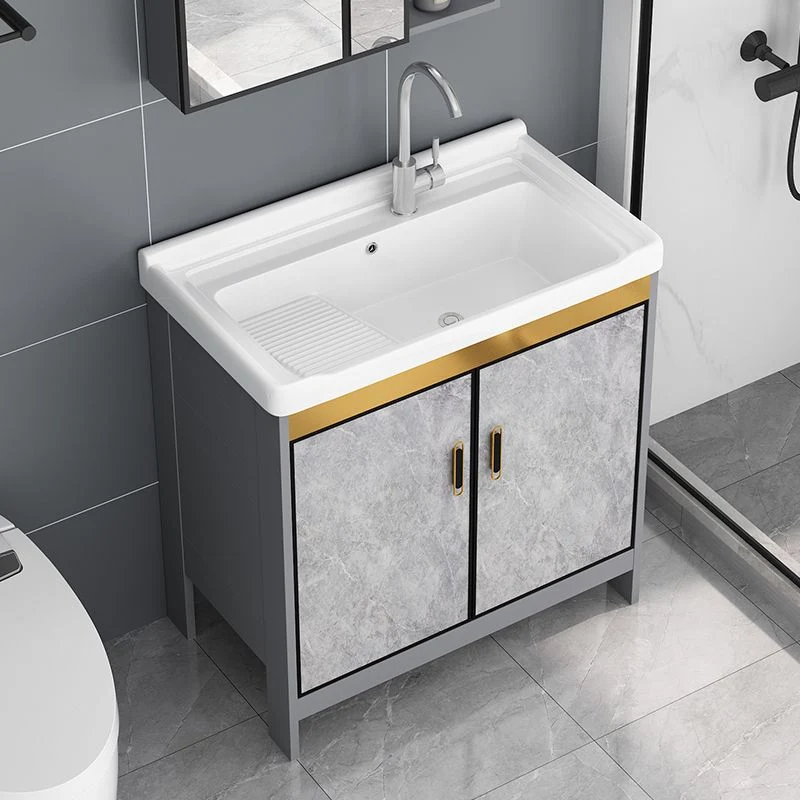 Tocador de baño con lavabo individual, marco de metal, rectangular, gris, 2 puertas, tocador independiente Clearhalo