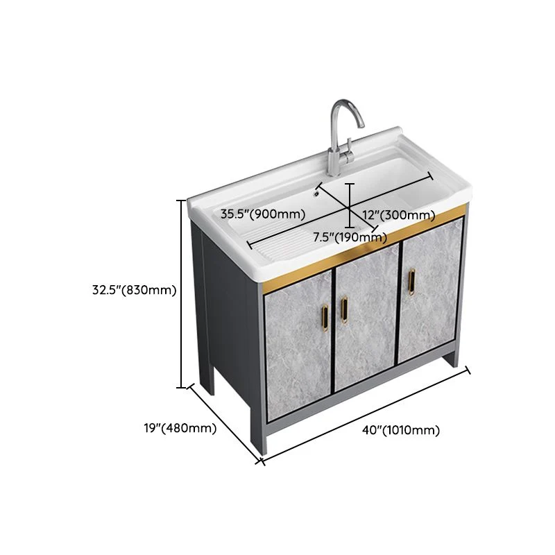 Tocador de baño con lavabo individual, marco de metal, rectangular, gris, 2 puertas, tocador independiente Clearhalo