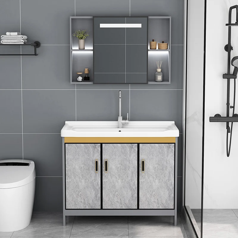 Tocador de baño con lavabo individual, marco de metal, rectangular, gris, 2 puertas, tocador independiente Clearhalo