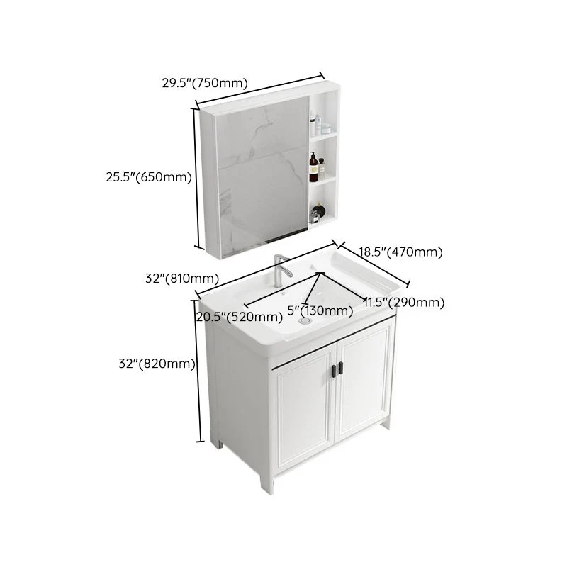 Tocador de baño con lavabo individual, marco de metal blanco, tocador de baño independiente con puerta Clearhalo