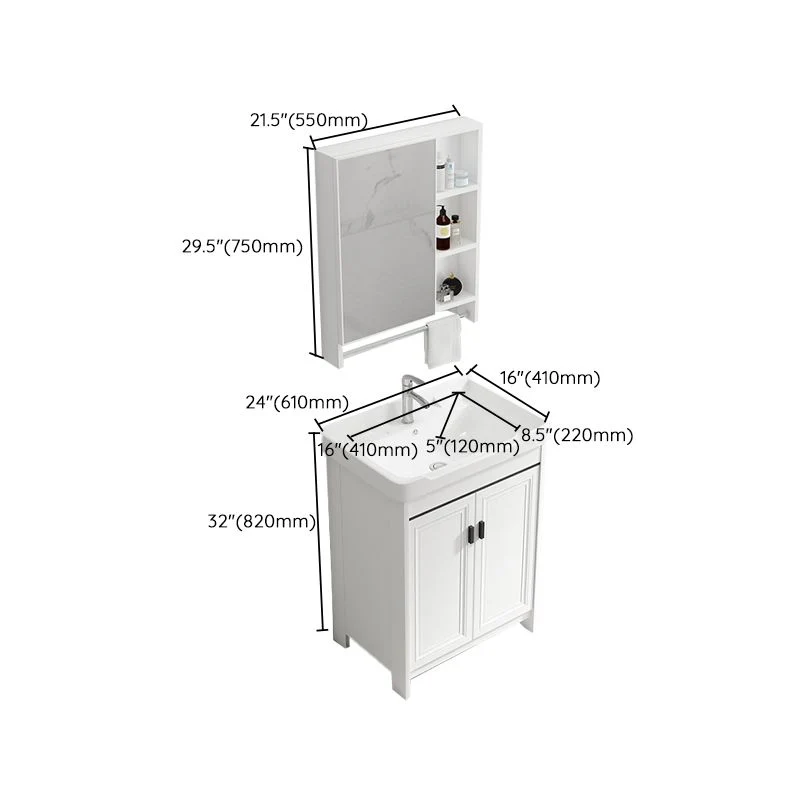 Tocador de baño con lavabo individual, marco de metal blanco, tocador de baño independiente con puerta Clearhalo