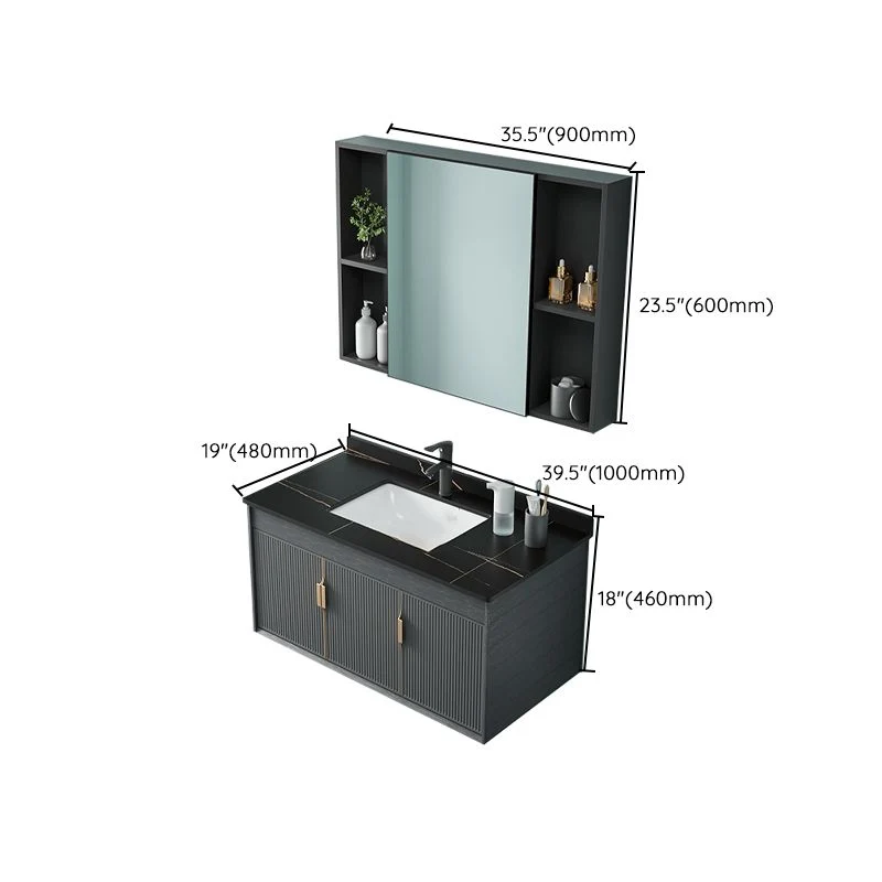 Tocador de baño con lavabo individual, moderno juego de tocador de pared de cerámica gris oscuro Clearhalo