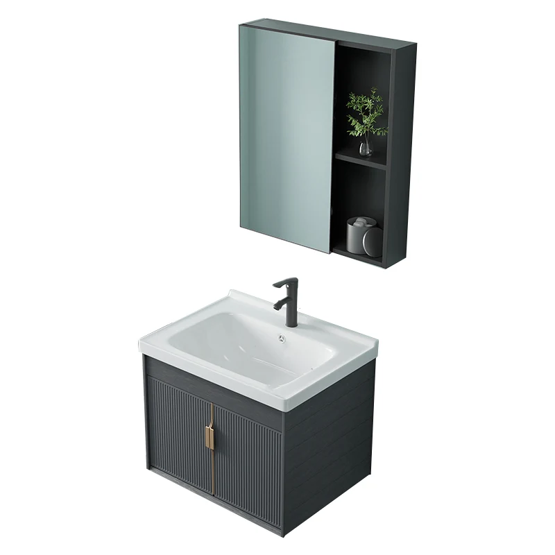 Tocador de baño con lavabo individual, moderno juego de tocador de pared de cerámica gris oscuro Clearhalo
