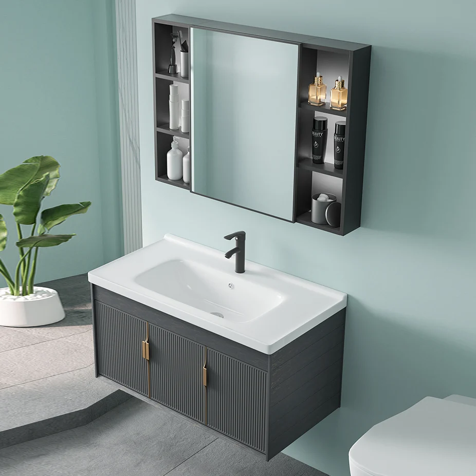 Tocador de baño con lavabo individual, moderno juego de tocador de pared de cerámica gris oscuro Clearhalo