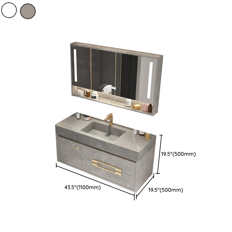 Tocador de baño con lavabo individual, montaje en pared, 2 cajones, piedra rectangular con espejo Clearhalo