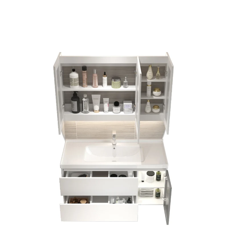 Tocador de baño con marco de madera, puerta, espejo de lavabo individual montado en la pared, tocador blanco rectangular C...