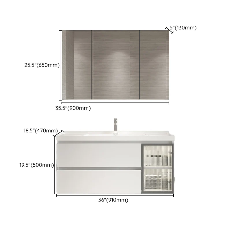 Tocador de baño con marco de madera, puerta, espejo de lavabo individual montado en la pared, tocador blanco rectangular C...