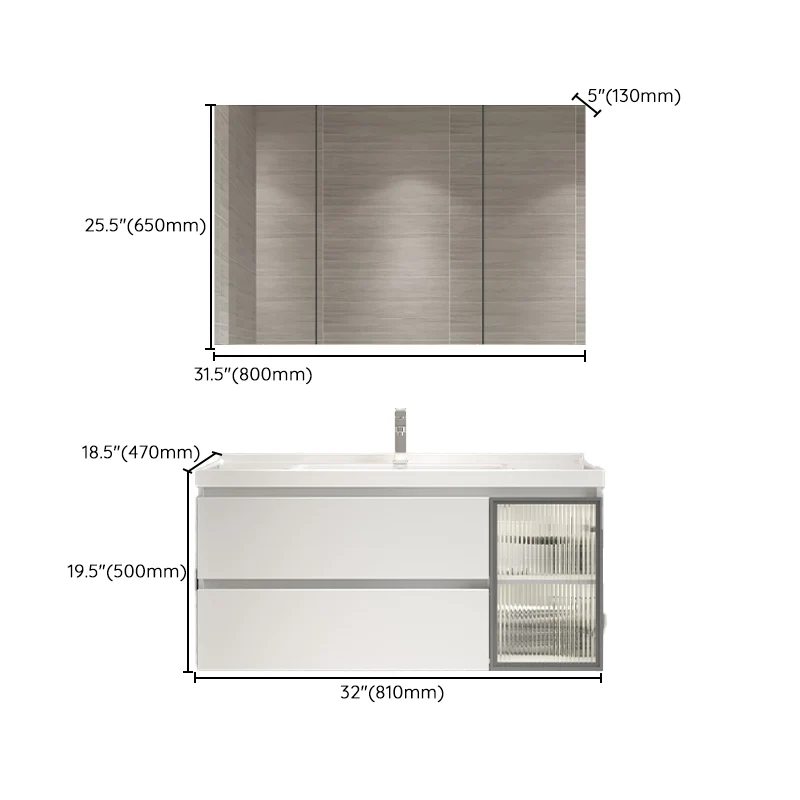 Tocador de baño con marco de madera, puerta, espejo de lavabo individual montado en la pared, tocador blanco rectangular C...