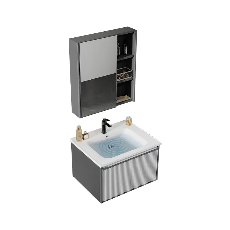 Tocador de baño con marco de metal gris, lavabo individual rectangular, espejo de montaje en pared, tocador de 2 puertas C...