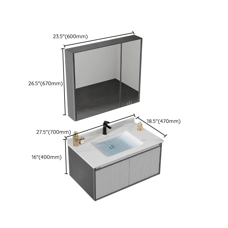 Tocador de baño con marco de metal gris, lavabo individual rectangular, espejo de montaje en pared, tocador de 2 puertas C...