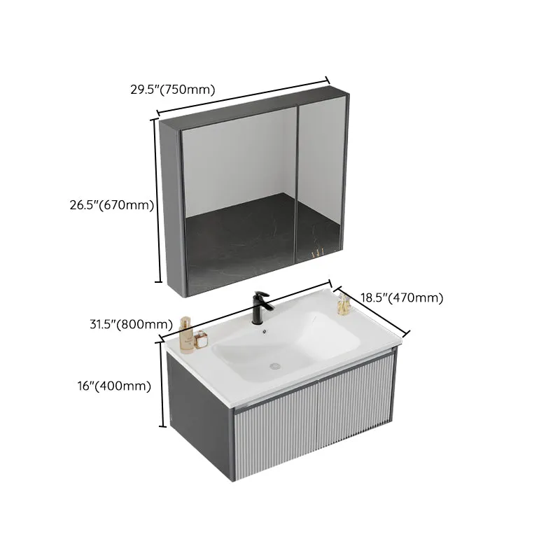 Tocador de baño con marco de metal gris, lavabo individual rectangular, espejo de montaje en pared, tocador de 2 puertas C...