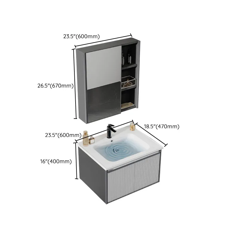 Tocador de baño con marco de metal gris, lavabo individual rectangular, espejo de montaje en pared, tocador de 2 puertas C...