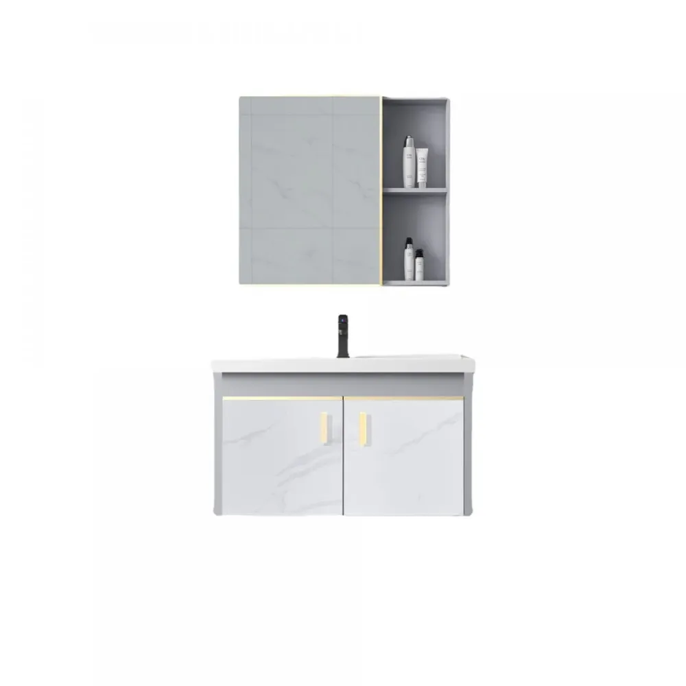 Tocador de baño con marco de metal, lavabo individual blanco, tocador de 2 puertas montado en la pared con espejo Clearhalo