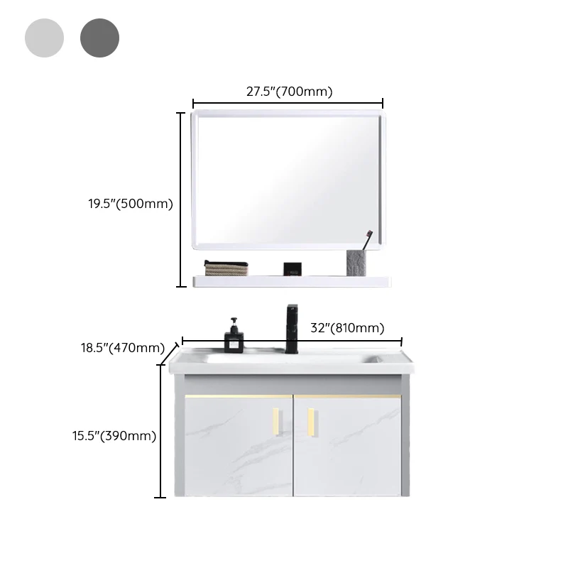 Tocador de baño con marco de metal, lavabo individual blanco, tocador de 2 puertas montado en la pared con espejo Clearhalo