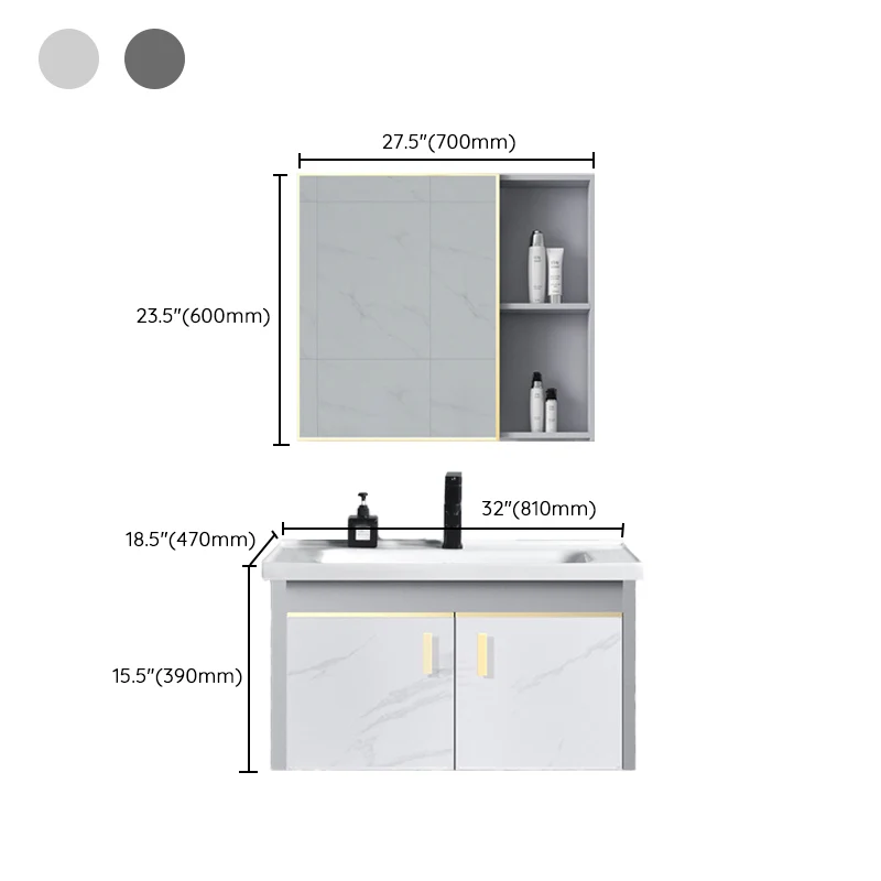 Tocador de baño con marco de metal, lavabo individual blanco, tocador de 2 puertas montado en la pared con espejo Clearhalo