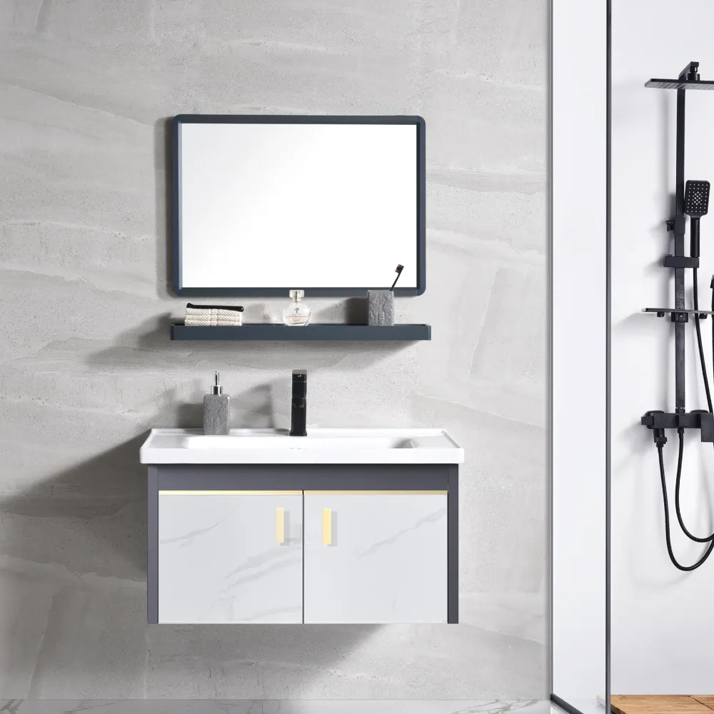 Tocador de baño con marco de metal, lavabo individual blanco, tocador de 2 puertas montado en la pared con espejo Clearhalo