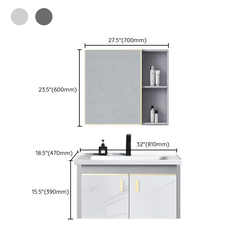 Tocador de baño con marco de metal, lavabo individual blanco, tocador de 2 puertas montado en la pared con espejo Clearhalo