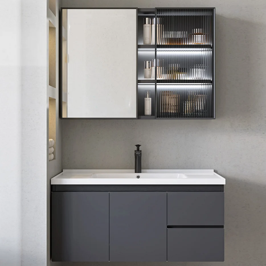 Tocador de baño con montaje en pared, moderno juego de tocador con lavabo individual y marco de metal gris Clearhalo