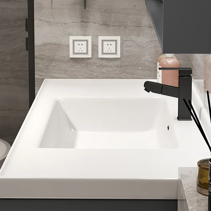 Tocador de baño gris con marco de madera, espejo, lavabo individual, tocador de baño montado en la pared con 2 cajones Cle...