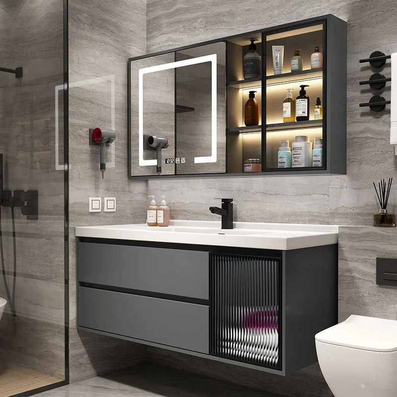 Tocador de baño gris con marco de madera, espejo, lavabo individual, tocador de baño montado en la pared con 2 cajones Cle...