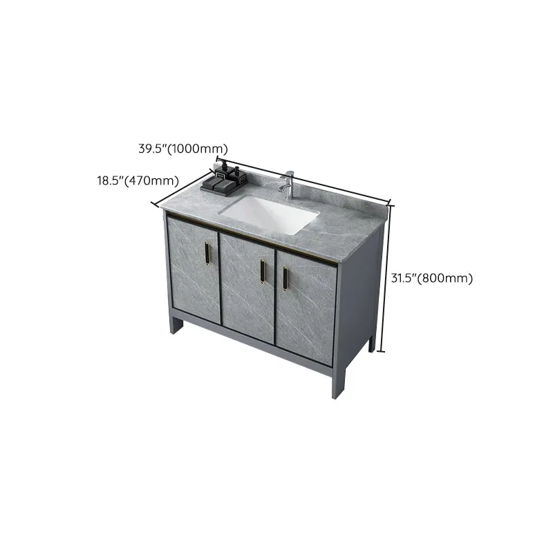 Tocador de baño gris con marco de metal, lavabo individual independiente, tocador rectangular con puertas Clearhalo