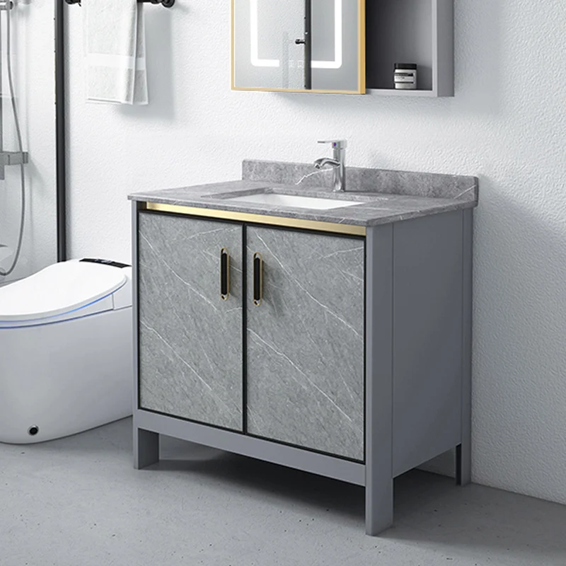 Tocador de baño gris con marco de metal, lavabo individual independiente, tocador rectangular con puertas Clearhalo