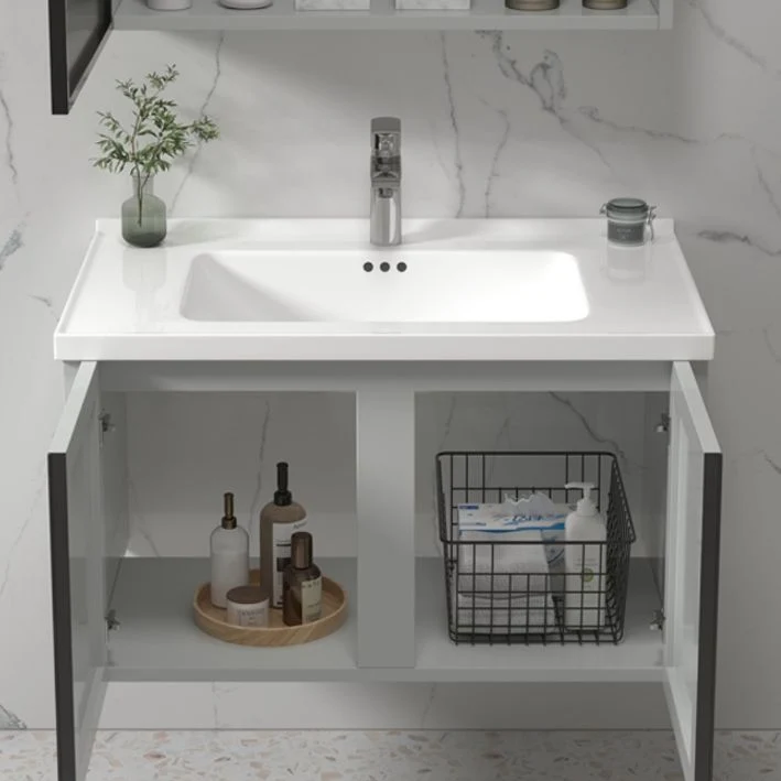 Tocador de baño gris moderno con marco de metal, tocador rectangular individual para lavabo de montaje en pared Clearhalo