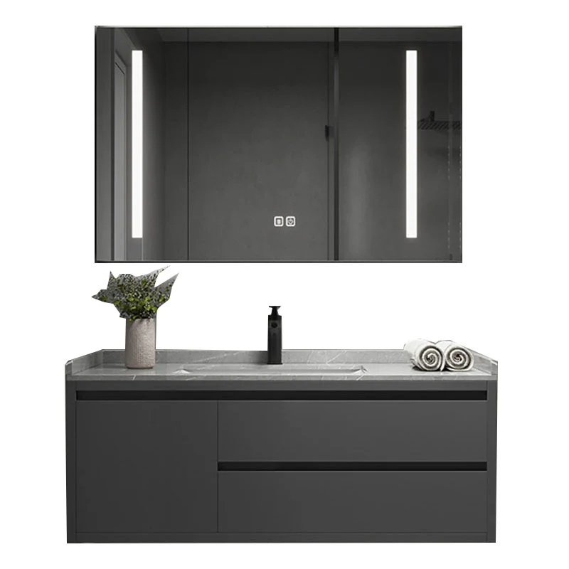 Tocador de baño gris moderno de montaje en pared con lavabo de grifo de espejo para baño Clearhalo