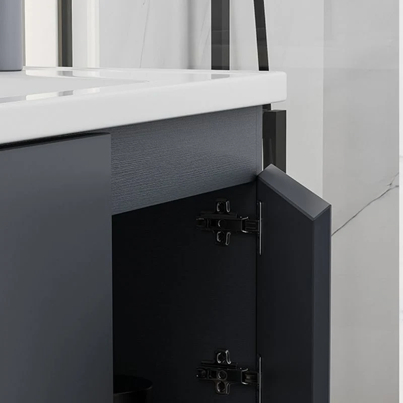 Tocador de baño gris, montaje en pared, rectangular, lavabo individual, espejo, marco de metal, tocador con puertas Clearhalo