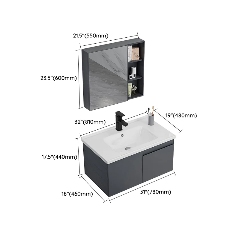 Tocador de baño gris, montaje en pared, rectangular, lavabo individual, espejo, marco de metal, tocador con puertas Clearhalo