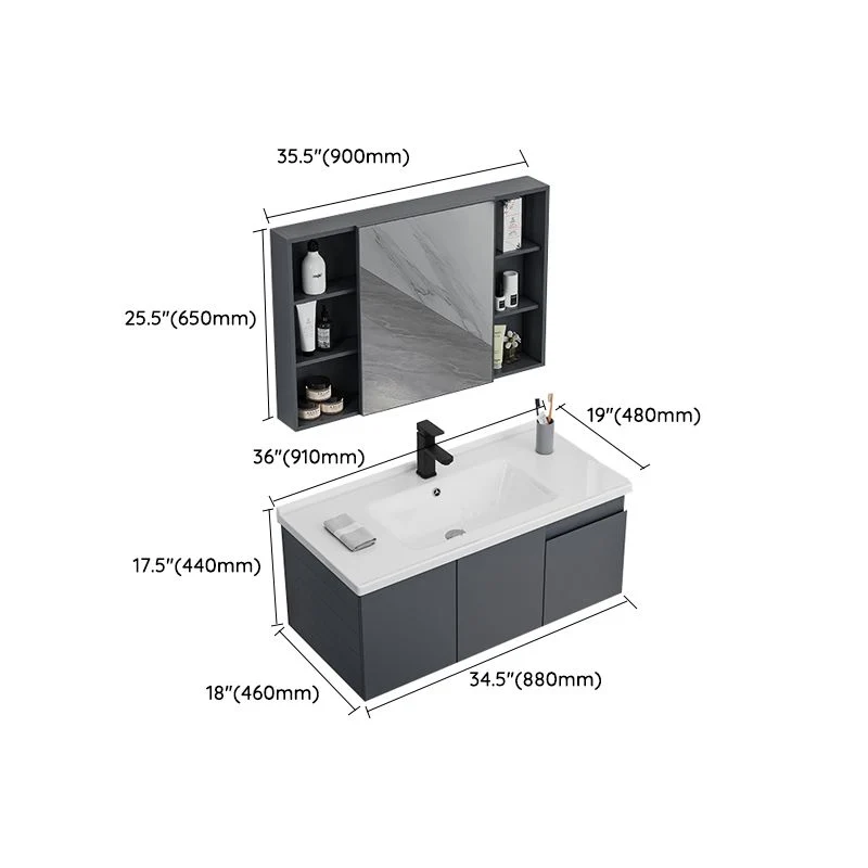 Tocador de baño gris, montaje en pared, rectangular, lavabo individual, espejo, marco de metal, tocador con puertas Clearhalo