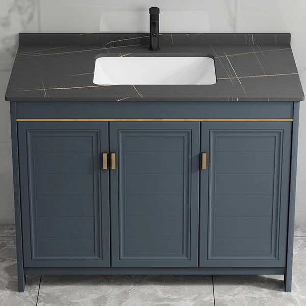 Tocador de baño independiente con lavabo individual y base de metal Glam, juego de tocador rectangular Clearhalo
