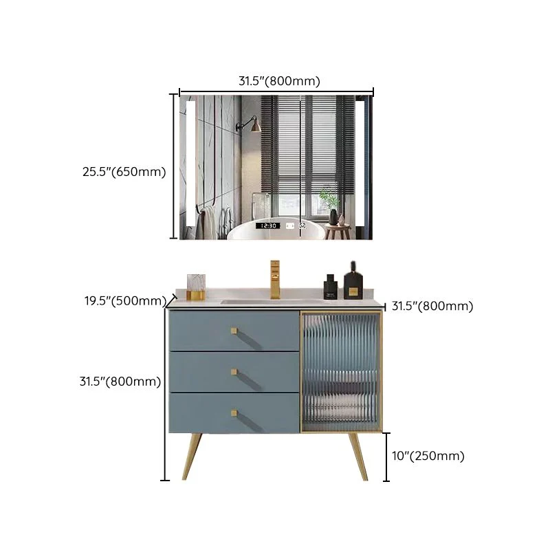 Tocador de baño independiente con marco de madera azul, lavabo individual, tocador rectangular con 3 cajones Clearhalo