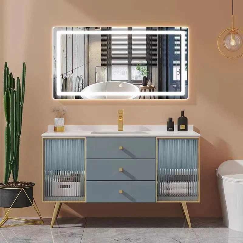 Tocador de baño independiente con marco de madera azul, lavabo individual, tocador rectangular con 3 cajones Clearhalo