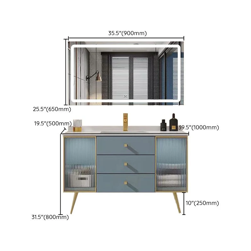 Tocador de baño independiente con marco de madera azul, lavabo individual, tocador rectangular con 3 cajones Clearhalo