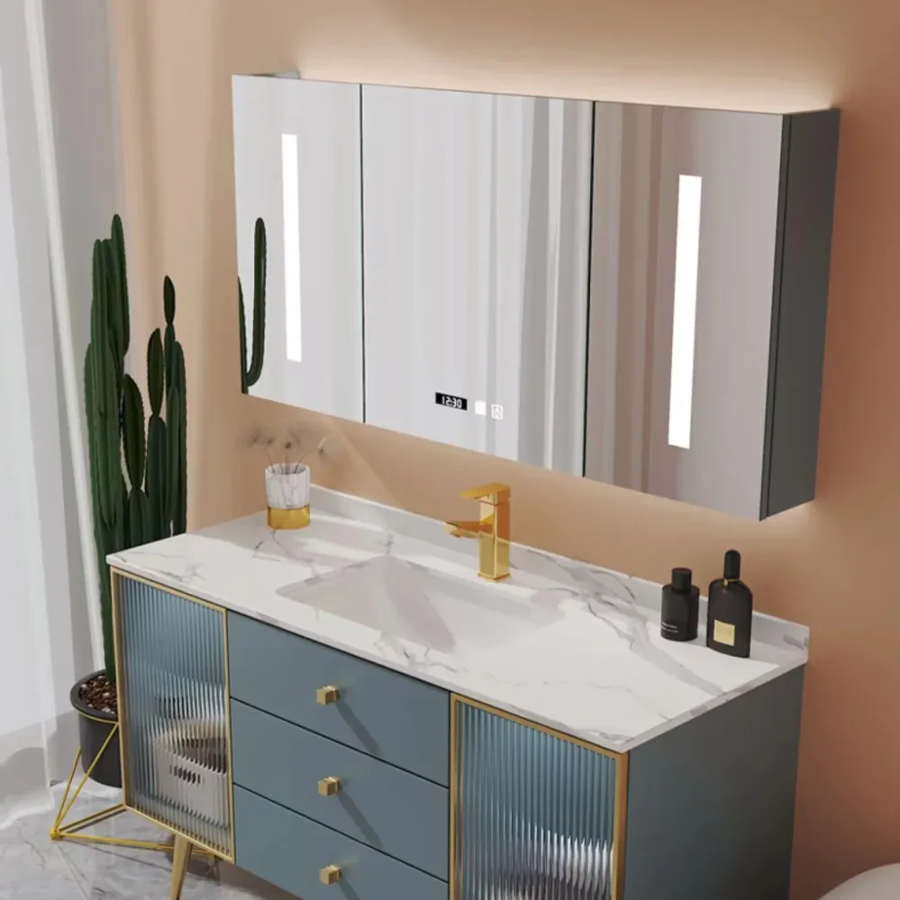 Tocador de baño independiente con marco de madera azul, lavabo individual, tocador rectangular con 3 cajones Clearhalo