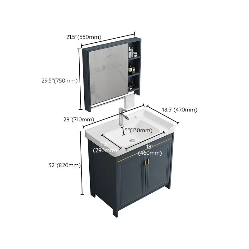 Tocador de baño independiente, espejo rectangular azul, tocador de baño de 2 puertas con lavabo individual Clearhalo