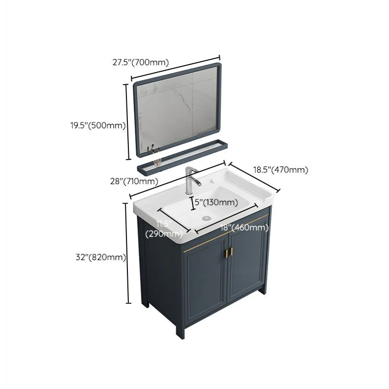 Tocador de baño independiente, espejo rectangular azul, tocador de baño de 2 puertas con lavabo individual Clearhalo