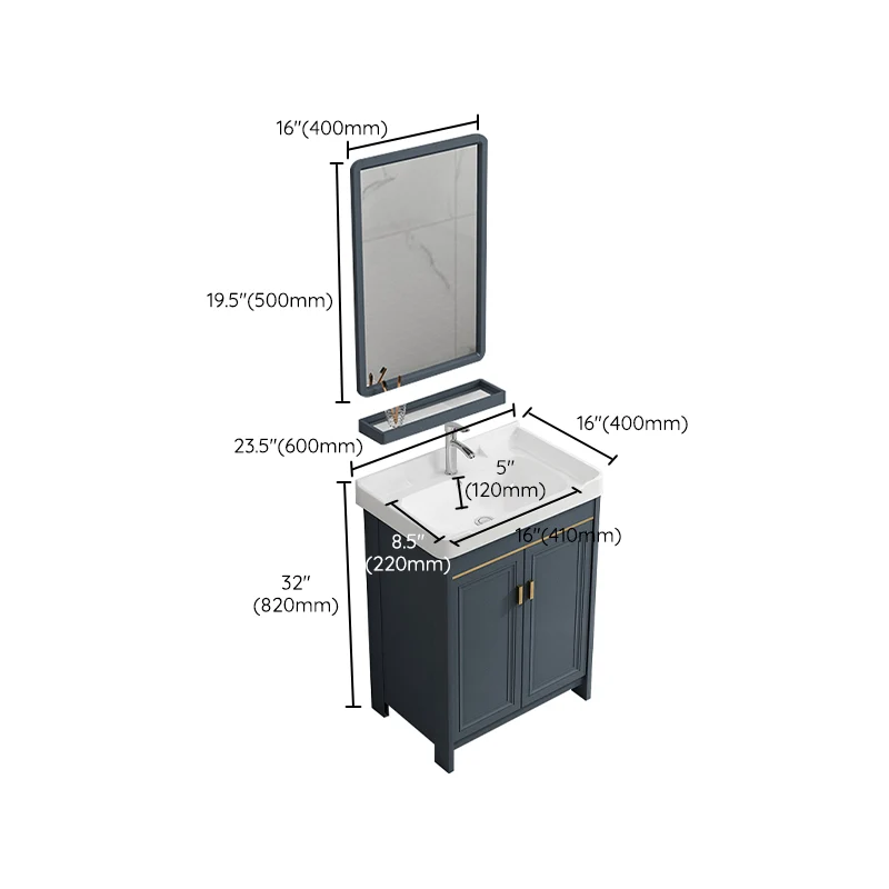 Tocador de baño independiente, espejo rectangular azul, tocador de baño de 2 puertas con lavabo individual Clearhalo