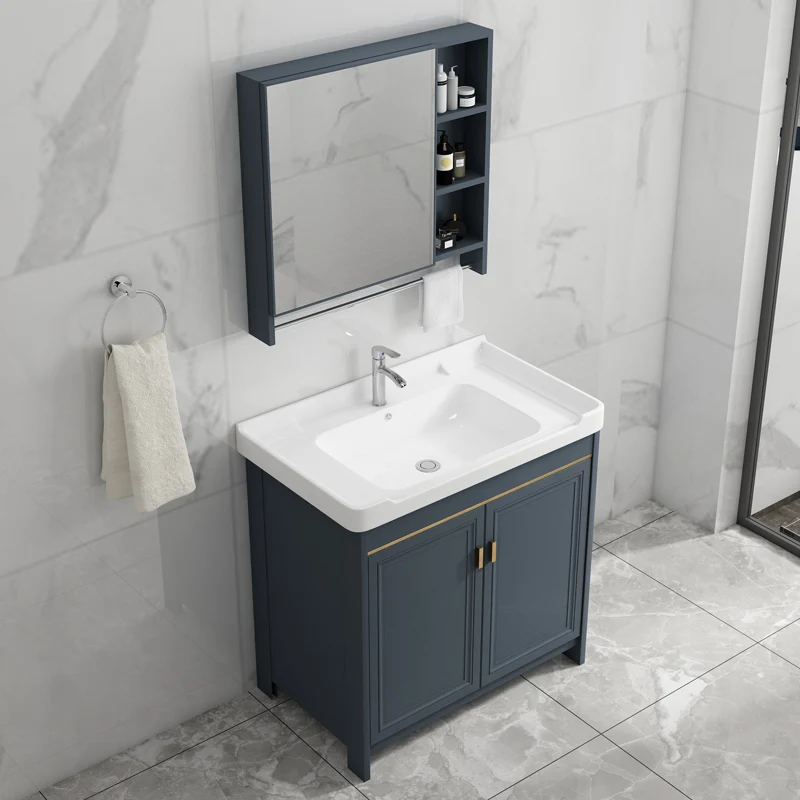Tocador de baño independiente, espejo rectangular azul, tocador de baño de 2 puertas con lavabo individual Clearhalo