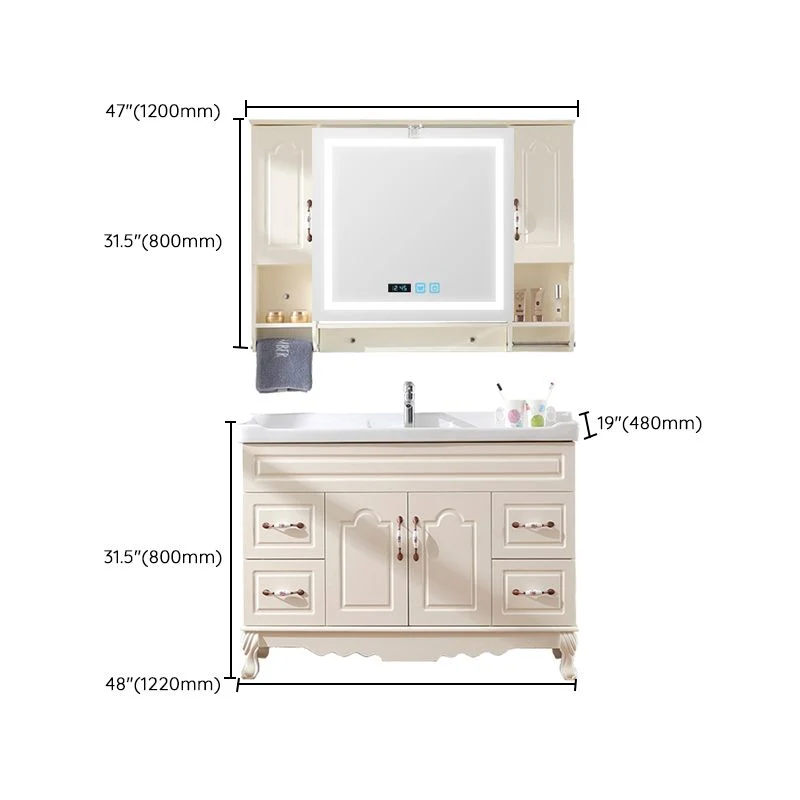 Tocador de baño independiente, lavabo individual, espejo blanco, tocador de 2 puertas con cajones Clearhalo