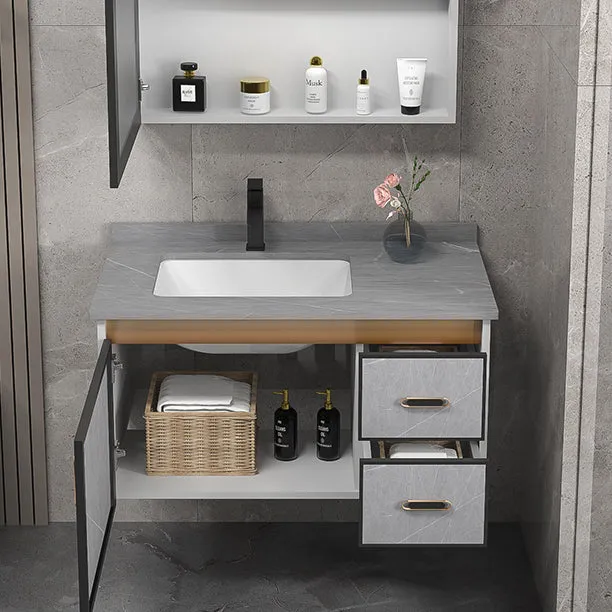 Tocador de baño individual, marco de metal gris glamoroso, juego de tocador rectangular para montaje en pared Clearhalo
