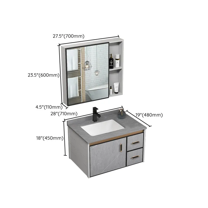 Tocador de baño individual, marco de metal gris glamoroso, juego de tocador rectangular para montaje en pared Clearhalo