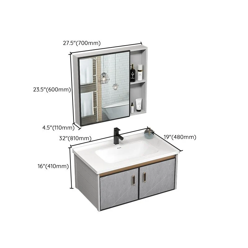 Tocador de baño individual, marco de metal gris glamoroso, juego de tocador rectangular para montaje en pared Clearhalo