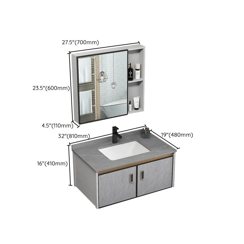 Tocador de baño individual, marco de metal gris glamoroso, juego de tocador rectangular para montaje en pared Clearhalo