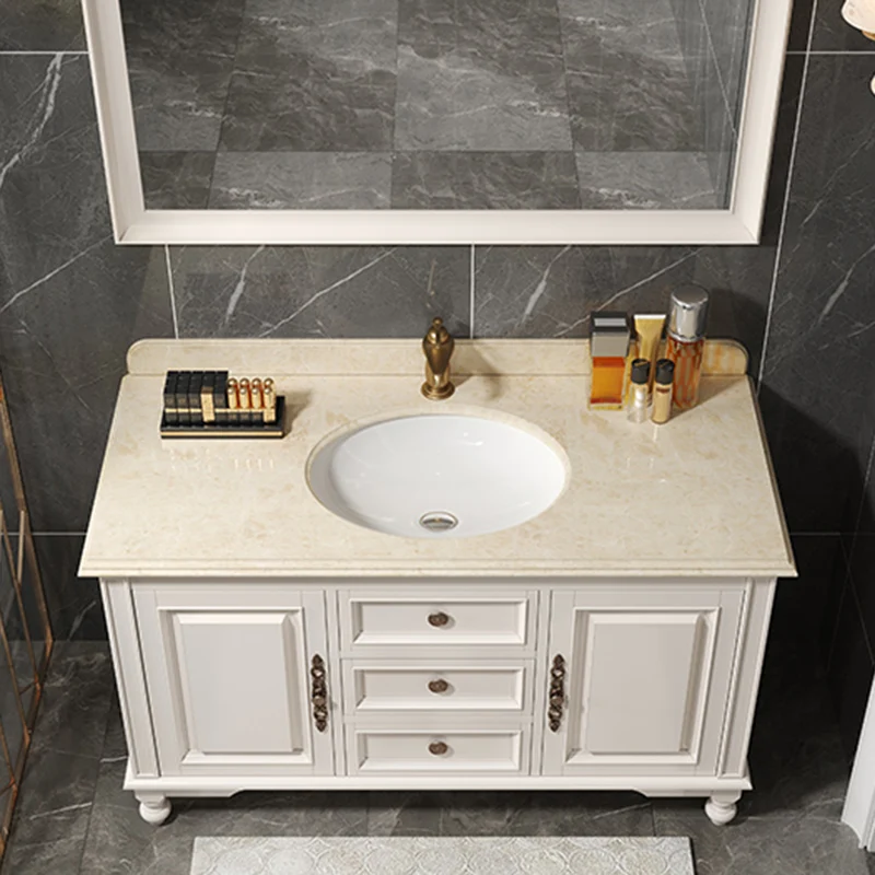 Tocador de baño de madera con cajones, espejo, lavabo individual, tocador de baño independiente con 2 puertas Clearhalo