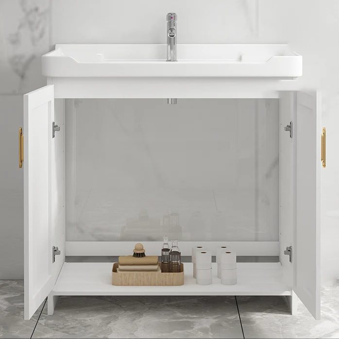 Tocador de baño moderno con marco de metal blanco, juego de tocador de montaje en pared con lavabo individual Clearhalo